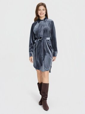 Universal Thread Long Sleeve Velvet Midi Shirtdress in Navy Blue Women’s Size M